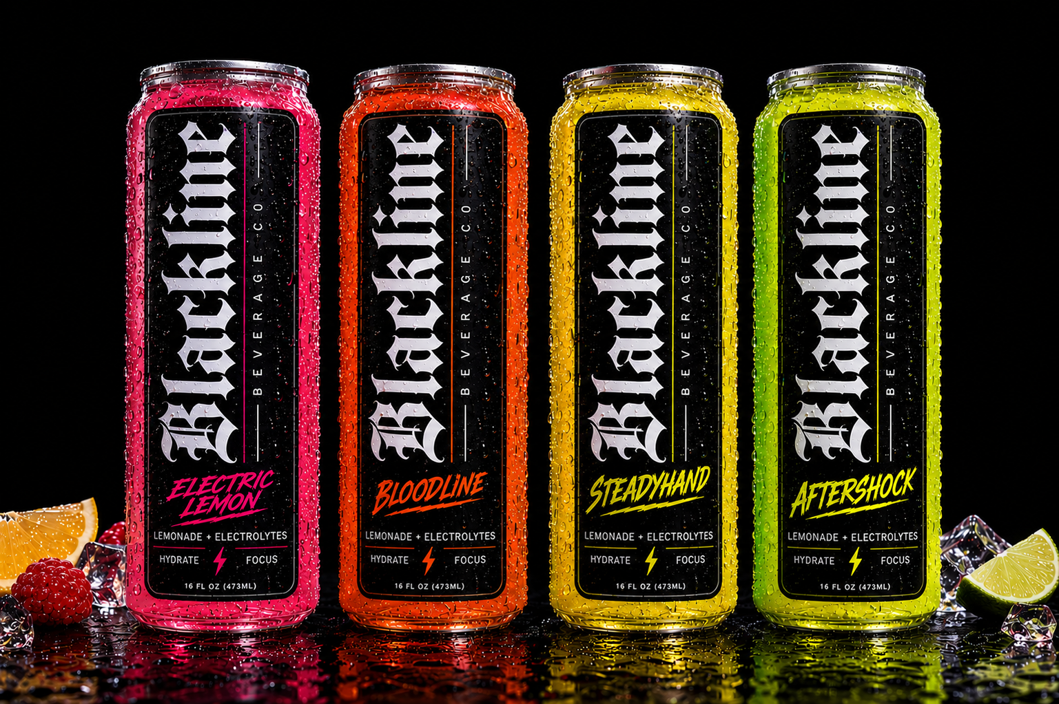 Four Blackline beverage cans representing Electric Lemon and future flavor drops