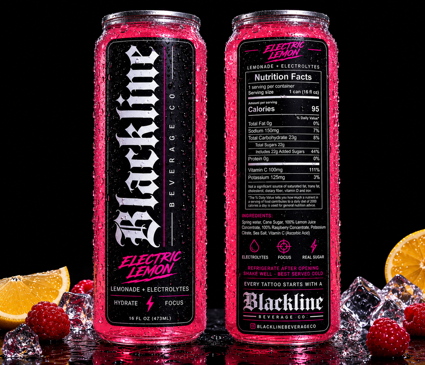 Front and back Blackline Electric Lemon cans with lemon slices, raspberries, and ice
