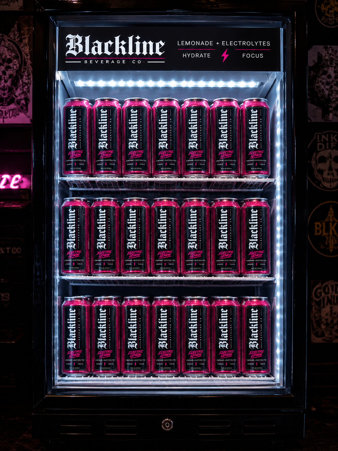 A studio cooler stocked with rows of Blackline Electric Lemon cans