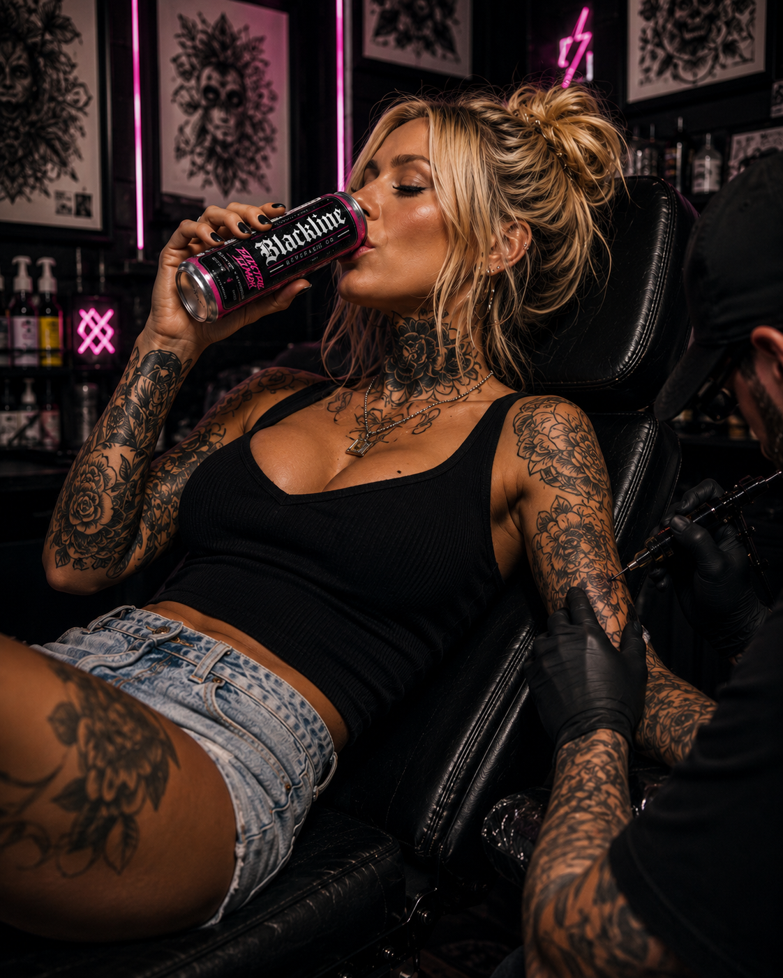 Tattoo client enjoying Blackline Electric Lemon during a tattoo session