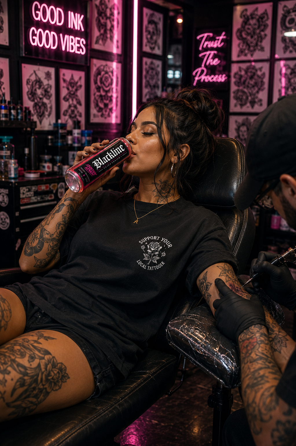Tattoo client drinking Blackline during a tattoo session in a neon-lit studio